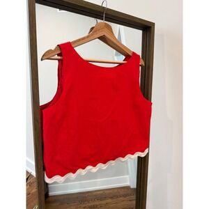 New ZESICA Red Scalloped Ric Rack Hem Sleeveless Cropped Top Size M Linen Blend